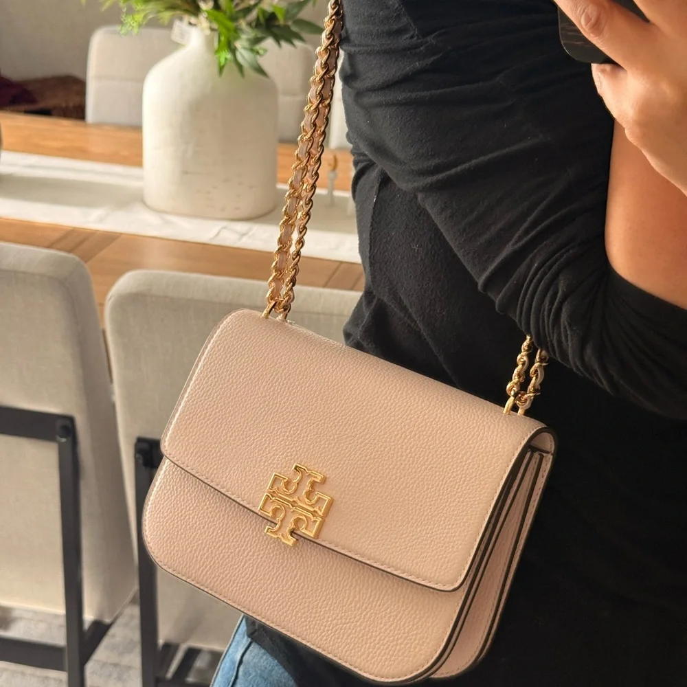 575+!Tory Burch Britten Small Adjustable Shoulder Bag Light Pink with Gold Chain